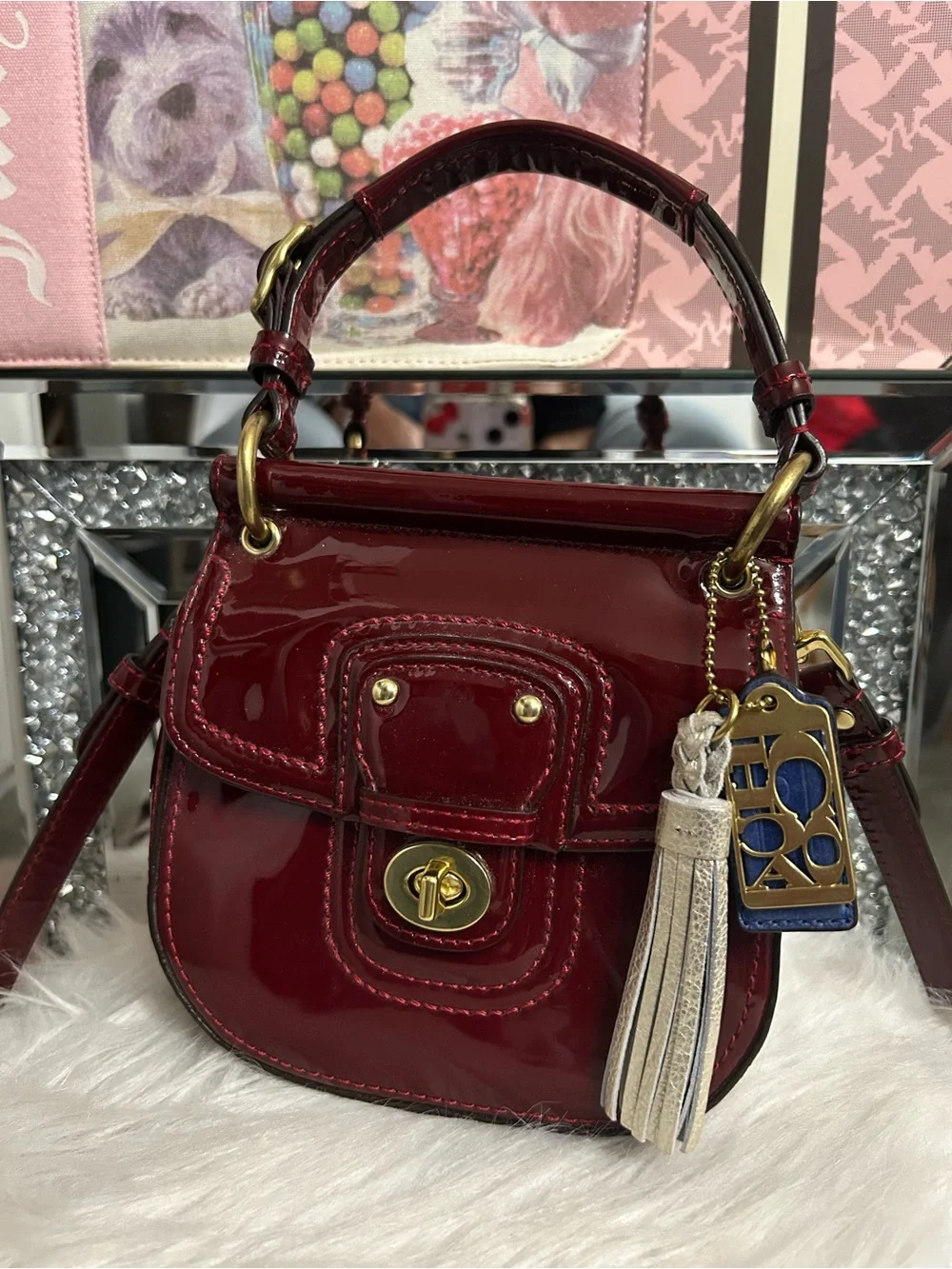 Coach Willis Crimson Red Patent Leather Mini Satchel Crossbody Legacy Lining HTF